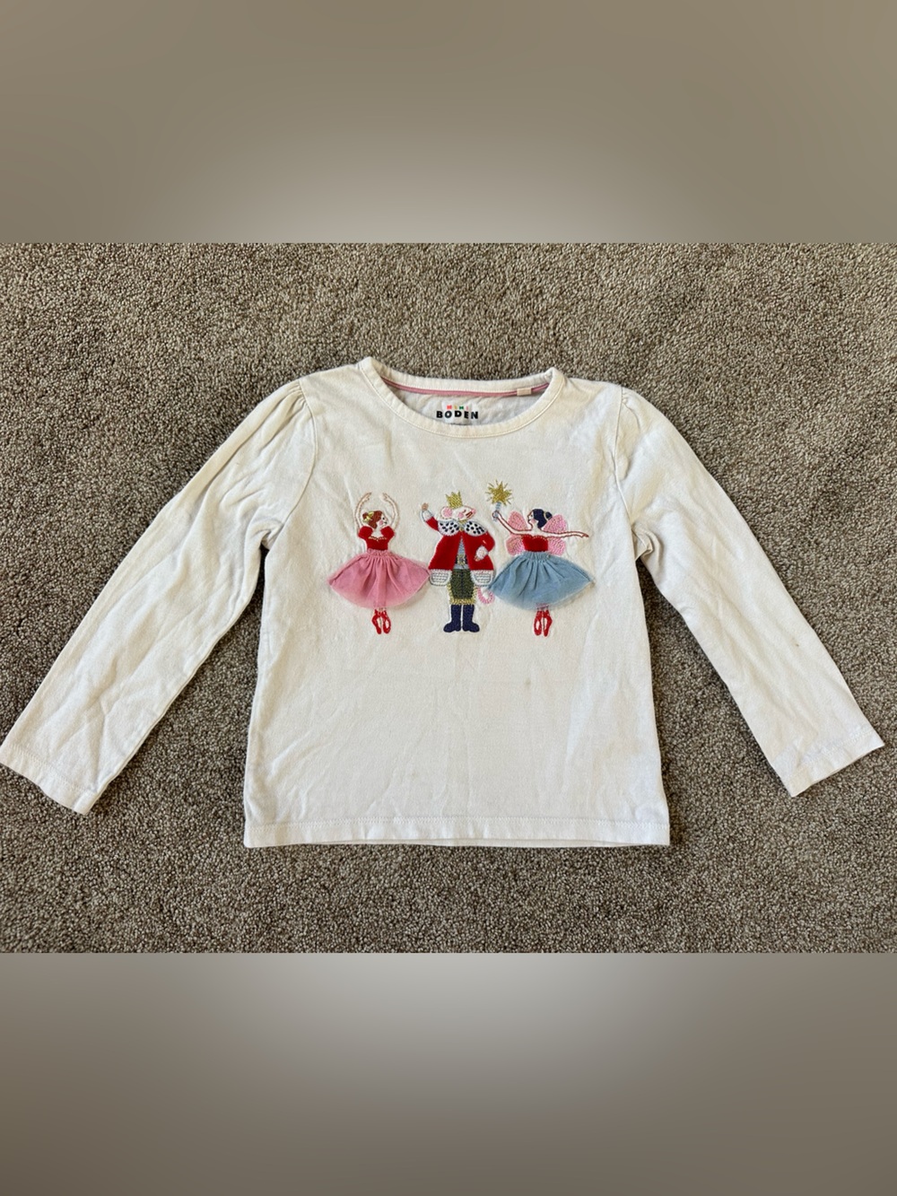 Joules Girls' Cream Long-Sleeve Ballerina Appliqué Top